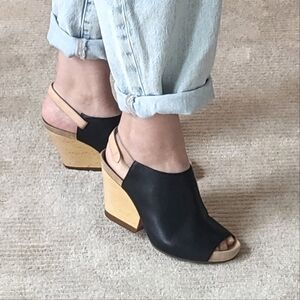 Camper Black Leather Peep Toe Wedges